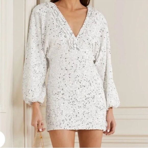 Retrofete Dresses & Skirts - Retrofete Aubrielle Sequin Chiffon Mini Dress - White Silver